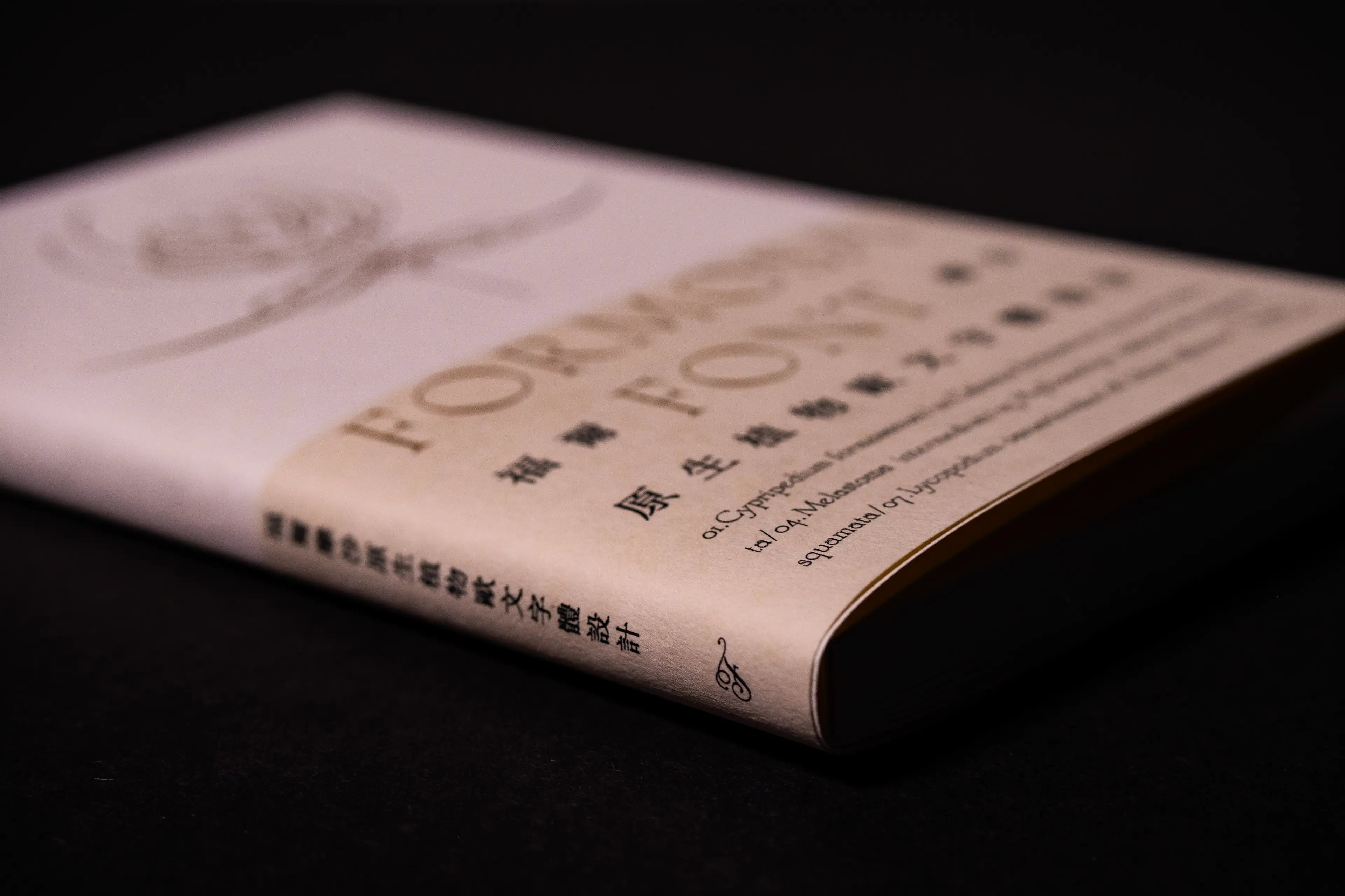 A soft-cover book photographed at an angle against a dark background, showing the spine and front cover with "FORMOSA FONT" in serif lettering alongside Chinese characters, printed on cream-white paper with elegant black typography.