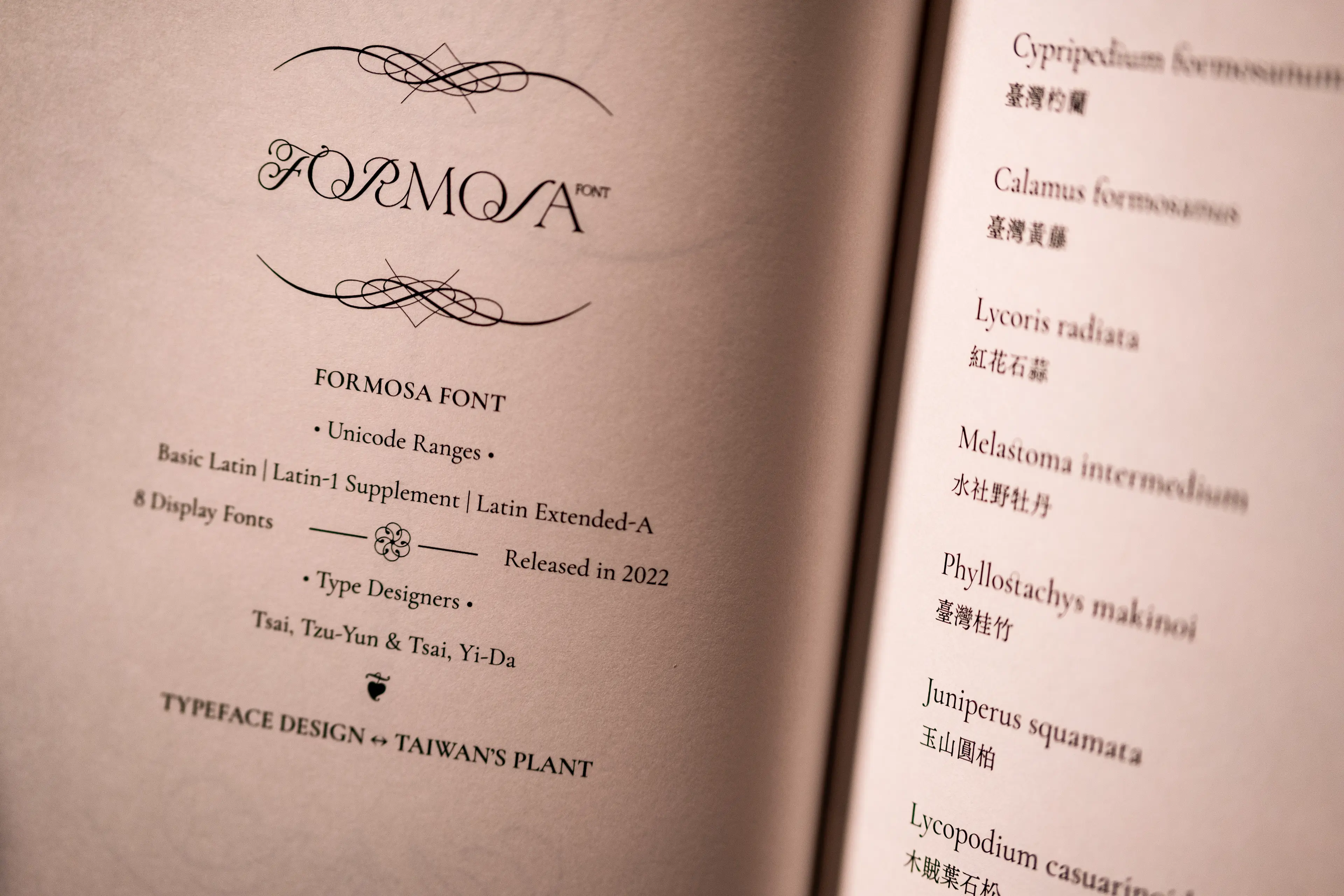An open book spread displaying the Formosa Font title page with ornate calligraphic lettering and decorative flourishes on the left, alongside a right page listing Latin and Chinese names of Taiwan's native plant species used as typographic inspiration.