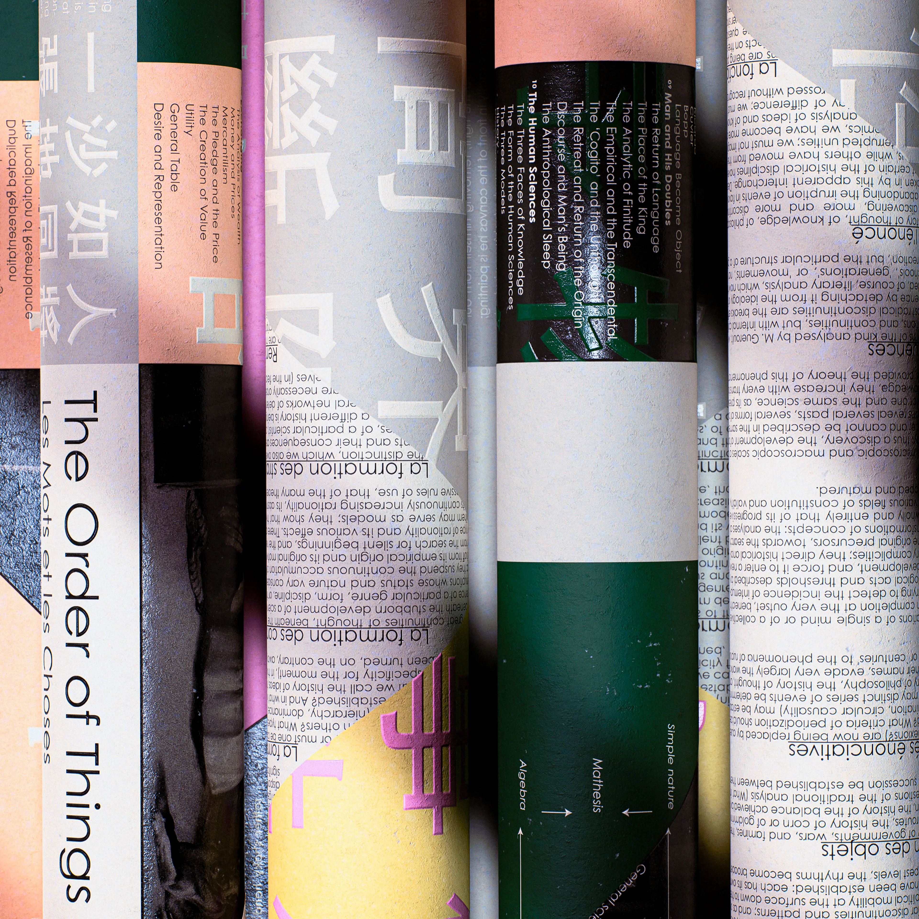 A collection of book spines and pages fanned together, displaying mixed typography in both Chinese and French/English — including the title "The Order of Things" in bold sans-serif — with pastel pink, green, and neutral tones creating a layered, editorial composition. Dense text columns and structured layouts evoke Foucault's themes of knowledge systems and disciplinary order.
