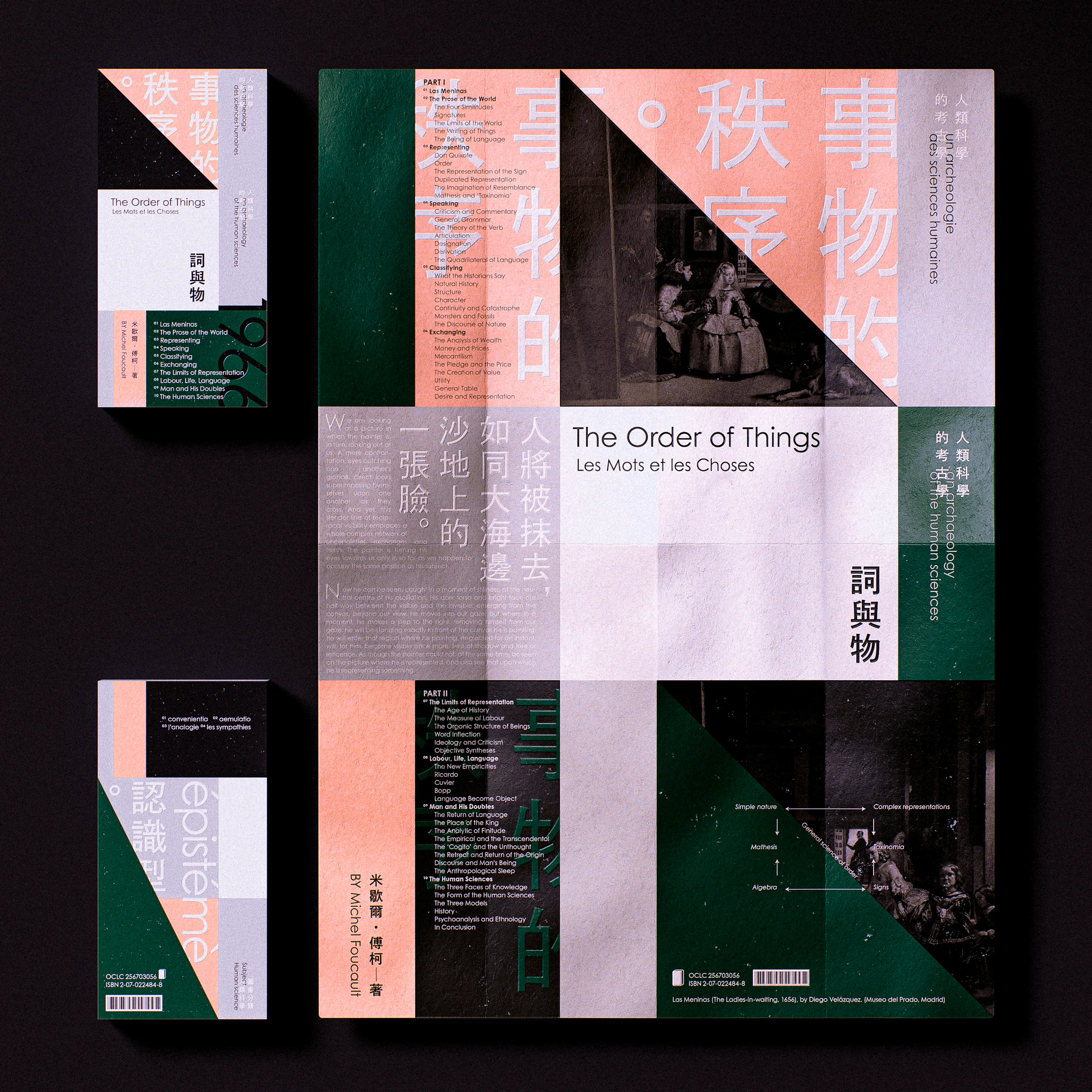 A flat-lay of a book binding design for Michel Foucault's *The Order of Things*, featuring a geometric grid layout with bold diagonal panels in salmon pink, dark green, white, and black. The composition layers bilingual Chinese and English typography with a reproduced classical painting fragment and structured table-of-contents text, creating a visually dense, editorial aesthetic.
