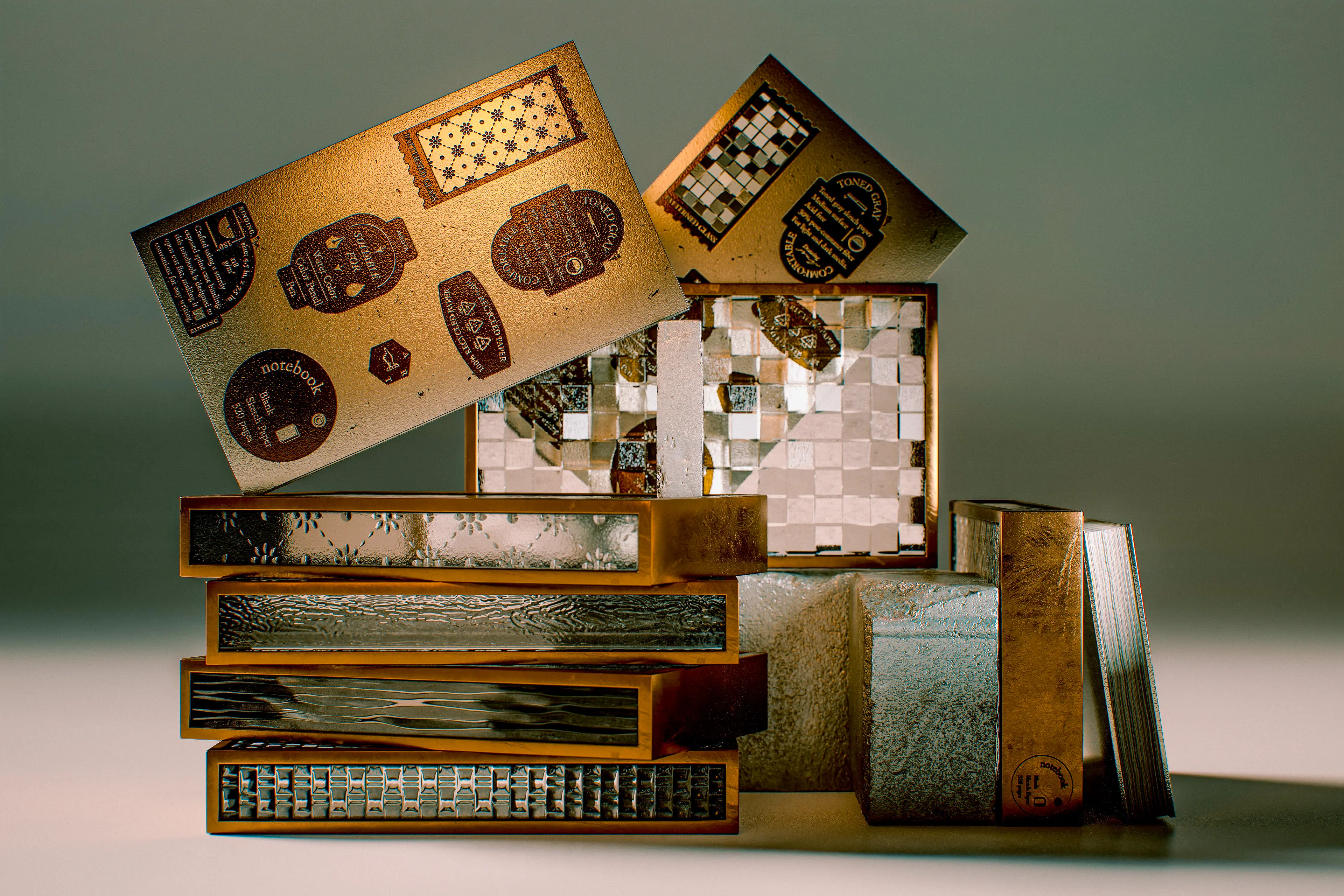 A styled still-life arrangement of multiple notebooks and gift boxes stacked and propped at dynamic angles, featuring covers and interiors clad in gold, silver, and dark wood-toned materials with geometric tile and mosaic patterns. The composition highlights the tactile, layered surfaces and the interplay of metallic and earthy textures across the full product range.